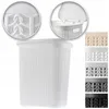 A white laundry basket with a lid is shown from the front, with close-up insets showing details of the basket's texture and lid mechanism. A color palette of other available colors is shown to the right. Voir les images du produit