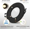 A black round LED spotlight with various features highlighted by text and icons. Produktbild-Vorschau
