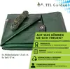 A folded green tarp with a rope on top, with marketing text and icons on the right side. Produktbild-Vorschau