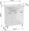A white bathroom vanity with a sink and three cabinet doors, shown with dimensions indicated. Voir les images du produit