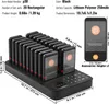 A set of restaurant pagers and their charging base, with dimensions and specifications listed. Anteprima dell’immagine prodotto