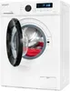 A front-load washing machine with its door open, revealing a red towel inside. The control panel is visible at the top. Produktbild-Vorschau