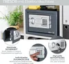 A collage of images showing a safe with an electronic lock, its features, and how to open it. Produktbild-Vorschau