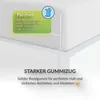 A close-up of a white bed frame corner with marketing text and graphics overlayed. Produktbild-Vorschau