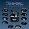 A diagram showing the features and functions of wireless earbuds operated via a charging box's LED touchscreen. Produktbild-Vorschau