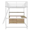 A white metal loft bed with an integrated desk and shelving unit. Produktbild-Vorschau