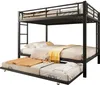 A black metal bunk bed with a pull-out trundle bed, all made up with bedding and a teddy bear. Produktbild-Vorschau