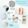 A white children's vanity set with a chair, featuring multiple mirrors and storage drawers, with various features highlighted by callouts and text. Náhľad obrázku produktu