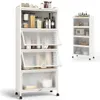 A white, multi-tiered storage shelf with transparent doors, filled with various kitchen items and containers. Náhled obrázku produktu