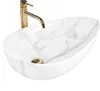 A white oval countertop sink with a marble pattern and a gold faucet. Náhled obrázku produktu