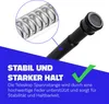 A close-up of a telescopic rod with a spring mechanism, overlaid with German text highlighting its stability and strong hold. Produktbild-Vorschau