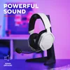 A white and black gaming headset is displayed on a black stand against a purple and blue gradient background. Text overlays highlight product features. Produktbild-Vorschau