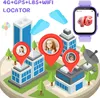 A marketing image for a children's smartwatch, showing a stylized city map with location pins indicating children's positions, and a smartwatch displaying a 4G icon. Produktbild-Vorschau