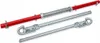 A red tow bar with a silver spring and two silver tow bars with hooks are laid out on a white background. Podgląd zdjęcia produktu