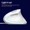 A white ergonomic mouse with blue LED lighting against a dark blue background, with marketing text. Anteprima dell’immagine prodotto