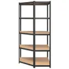 A corner shelving unit with five shelves, made of gray metal and wood-composite. Náhled obrázku produktu