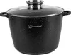 A black speckled pot with a clear glass lid and silver handles, shown from the front. Náhled obrázku produktu