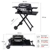 A diagram showing the dimensions of a portable gas grill, with two views: one assembled and standing, and one folded for storage. It also includes a separate box with product specifications. Produktbild-Vorschau