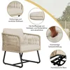 A close-up view of a beige armchair with black metal legs, surrounded by marketing callouts highlighting its features. The background shows a blurred outdoor setting. Náhľad obrázku produktu