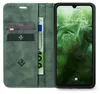 A green flip cover phone case with card slots and a phone inside showing the lock screen. Produktbild-Vorschau