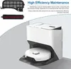 A robotic vacuum cleaner docked in its charging station, with accessories and text describing its maintenance. Produktbild-Vorschau