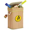 A bamboo trash can filled with various packaged goods, with a lid open. Voir les images du produit