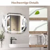 A bathroom vanity with a sink and faucet, featuring an illuminated octagonal mirror with inset images highlighting product features. Voir les images du produit