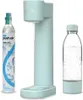 A mint-colored soda maker with a CO2 cartridge and a water bottle. Produktbild-Vorschau