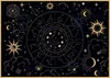 A dark, mystical background with celestial imagery, including a zodiac wheel, constellations, suns, moons, and clouds. Voir les images du produit