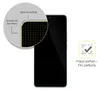 A close-up of a smartphone screen protector being applied to a phone, with a magnified view of the edge and a checkmark icon indicating a perfect fit. Produktbild-Vorschau