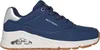 A side view of a blue Skechers sneaker with a white sole and brown outsole. Podgląd zdjęcia produktu
