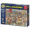 A box of a 1000-piece comic puzzle by Jan van Haasteren, titled 'National Championships Puzzling'. The image on the box depicts a chaotic and humorous scene of people participating in a puzzling competition. Produktbild-Vorschau