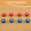 A wooden surface with rows of red and blue pucks, and text overlay describing the product. Produktbild-Vorschau
