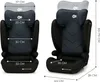 Two views of a child car seat with dimensions indicated by measurement lines and text. Podgląd zdjęcia produktu