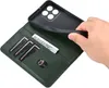 A hand is holding a green leather wallet case for a phone, showing the card slots and a bill compartment. Produktbild-Vorschau