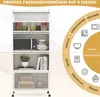 A white multi-tiered storage cabinet with various items on its shelves, next to a circular graphic illustrating different uses and items that can be stored in the cabinet. Anteprima dell’immagine prodotto