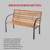 A wooden garden bench with metal legs is shown against a plain gray background, with text listing its features. Produktbild-Vorschau