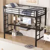 A loft bed with an integrated desk and shelves, set up in a room. Produktbild-Vorschau