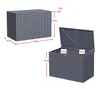Two views of a gray storage box with dimensions indicated by red lines and text. Podgląd zdjęcia produktu