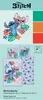 A collage showcasing Disney's Stitch and Angel characters on bedding products, with color swatches and product details. Produktbild-Vorschau