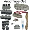 A collection of plumbing and heating components, including gauges, valves, fittings, and sealing material, arranged on a white background. Produktbild-Vorschau