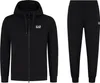 A black EA7 tracksuit, consisting of a zip-up hoodie and sweatpants, displayed against a white background. Produktbild-Vorschau