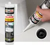 A hand is using a tube of black silicone sealant to seal a joint between a white sink and a countertop. A close-up of the sealant bead is shown in a circle. Produktbild-Vorschau