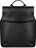 A black leather backpack is shown against a white background.