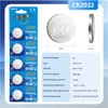A blister pack of CR2032 lithium batteries next to a diagram and specification sheet for the battery. Produktbild-Vorschau