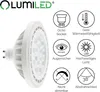 A product image of a white LED light bulb with accompanying feature icons and text. Produktbild-Vorschau