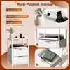 A collage of images showcasing a white multi-purpose storage unit with its features highlighted. Náhled obrázku produktu