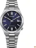 A close-up studio shot of a Citizen automatic watch with a blue dial and a stainless steel bracelet. Podgląd zdjęcia produktu