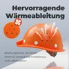 A marketing image showing an orange construction helmet with ventilation holes and arrows indicating airflow. Produktbild-Vorschau