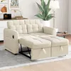 A beige sofa bed is shown in a living room setting, partially extended to reveal its sleeping function and storage drawers. Podgląd zdjęcia produktu